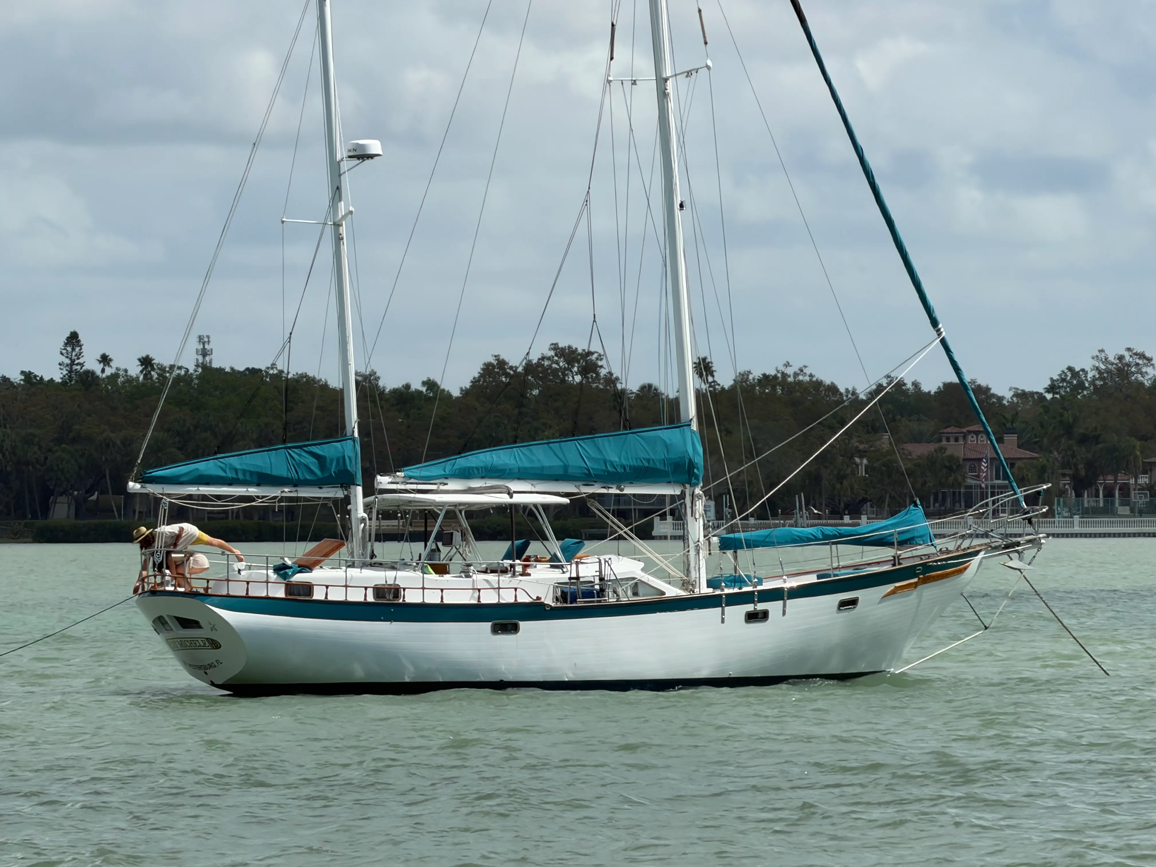SV Cay Michele anchored in clear water at a St. Pete sandbar