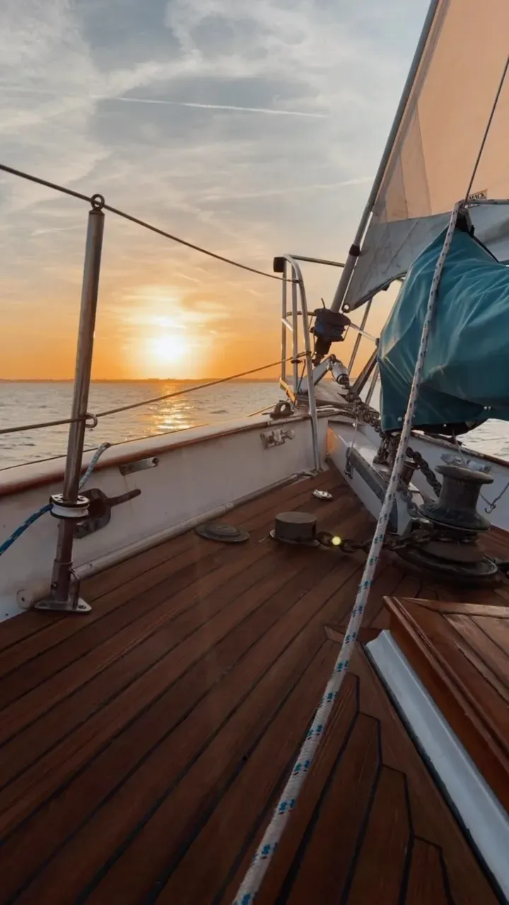 Golden hour sunset view from the deck of SV Cay Michele in Boca Ciega Bay