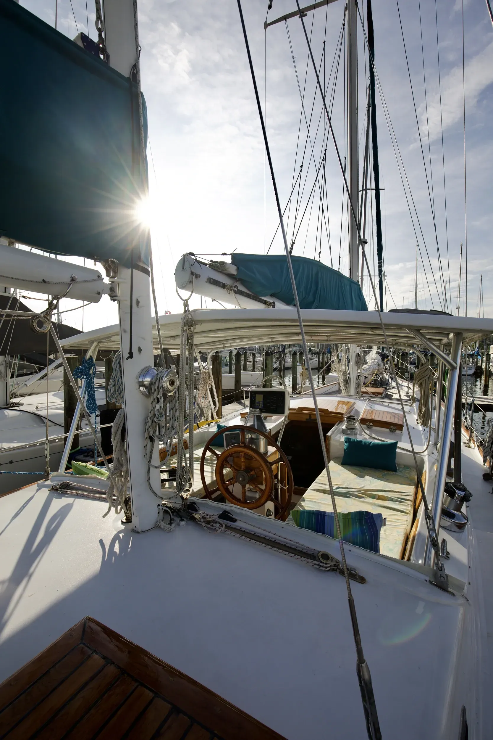 Cockpit with wooden helm wheel